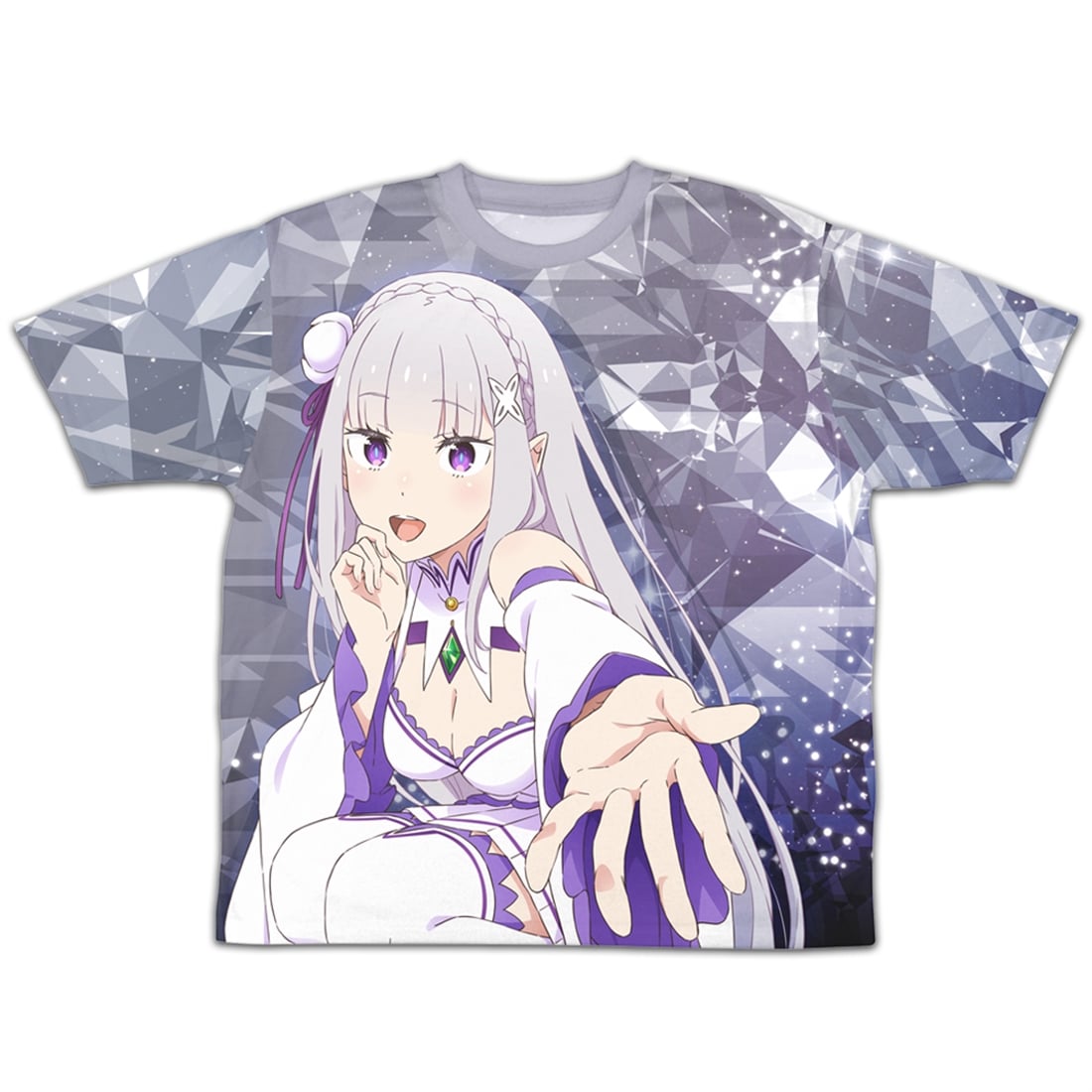 Re:ゼロから始める異世界生活 銀髪のハーフエルフ エミリア 両面フルグラフィックTシャツ M M