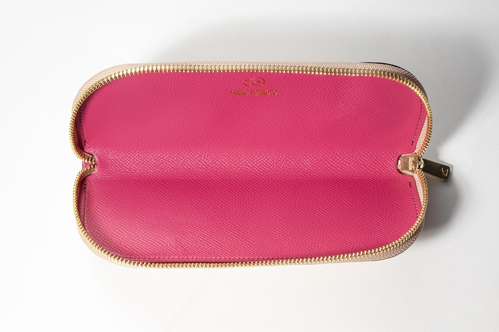 藤本さきこ　クロコダイルペンケース【ベージュ×ピンク】