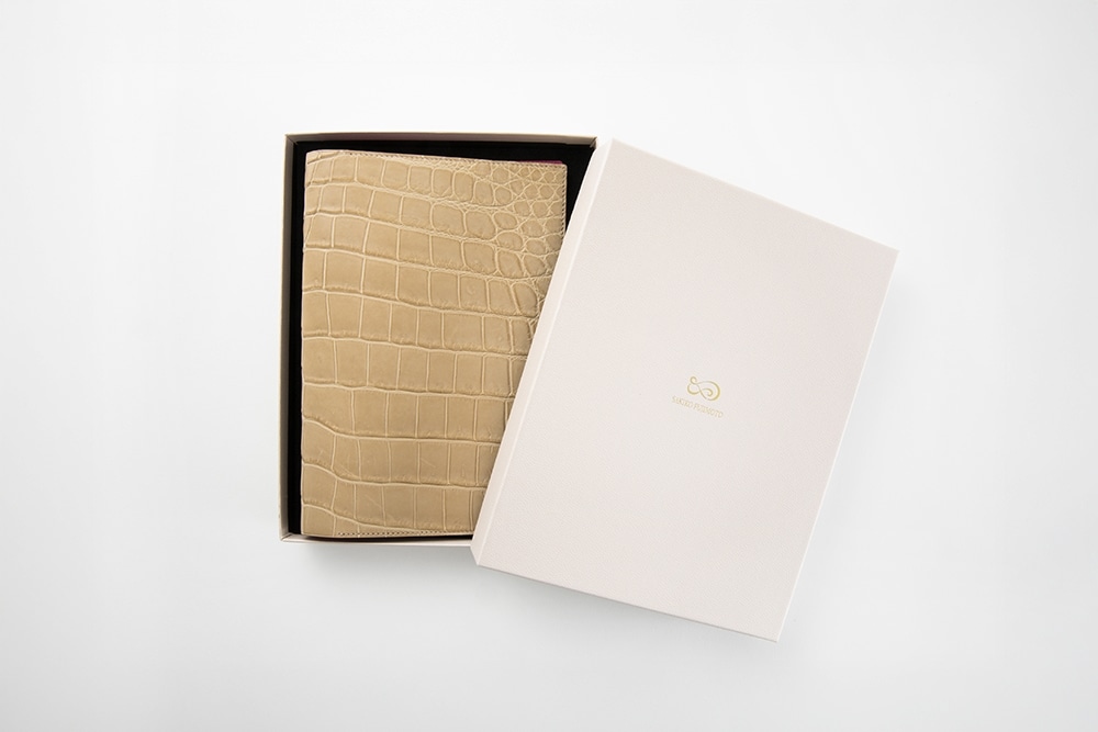 藤本さきこ　クロコダイル手帳カバー【ベージュ×ピンク】
