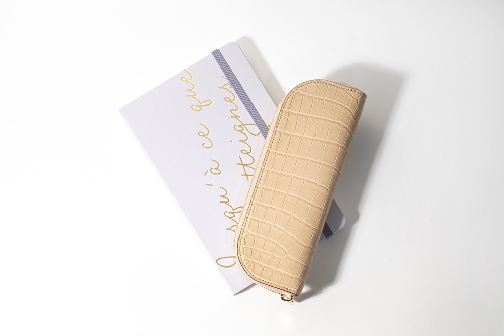 藤本さきこ　クロコダイルペンケース【ベージュ×ピンク】