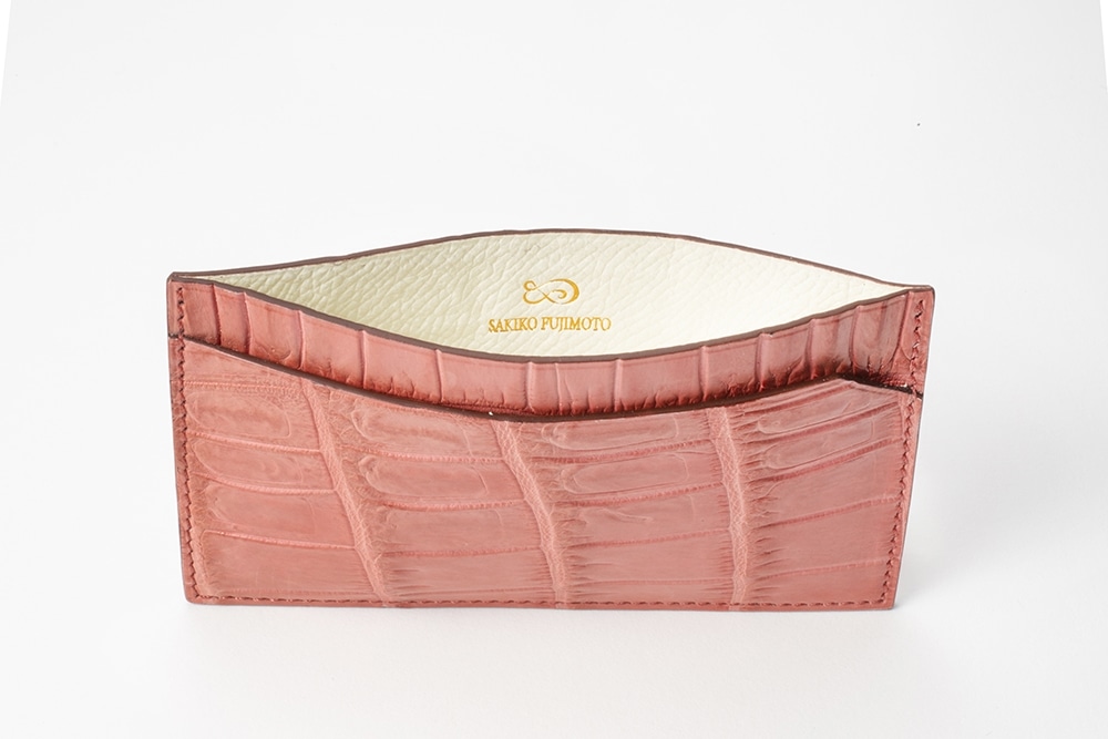 藤本さきこ　クロコダイルカードケース【オールドピンク×アイボリー】