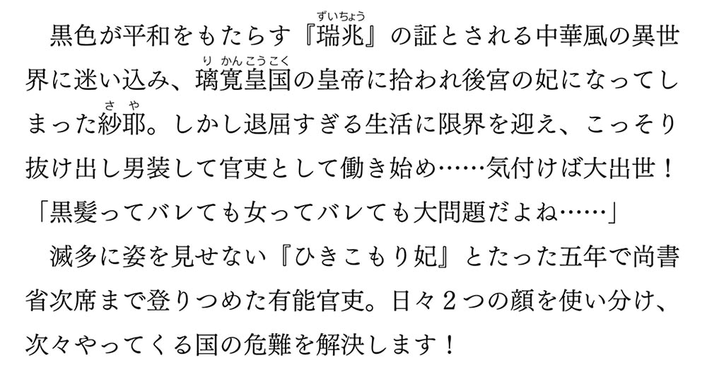 璃寛皇国ひきこもり瑞兆妃伝 日々後宮を抜け出し、有能官吏やってます。