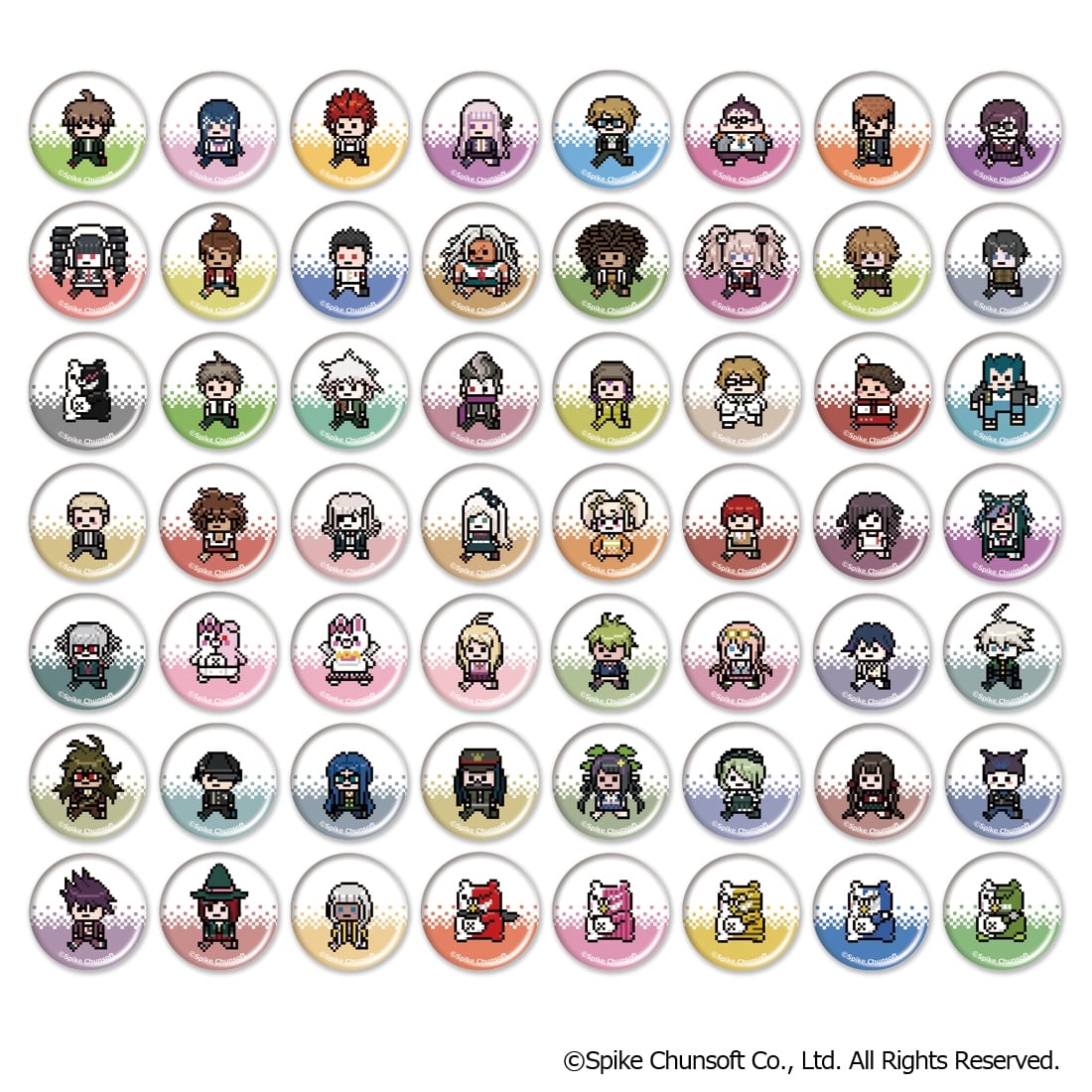 ダンガンロンパ 15周年フェス カプセルトイ ドット絵ミニ缶バッジ 全56種 ダンガンロンパシリーズ トレーディングドット絵ミニ缶バッジ