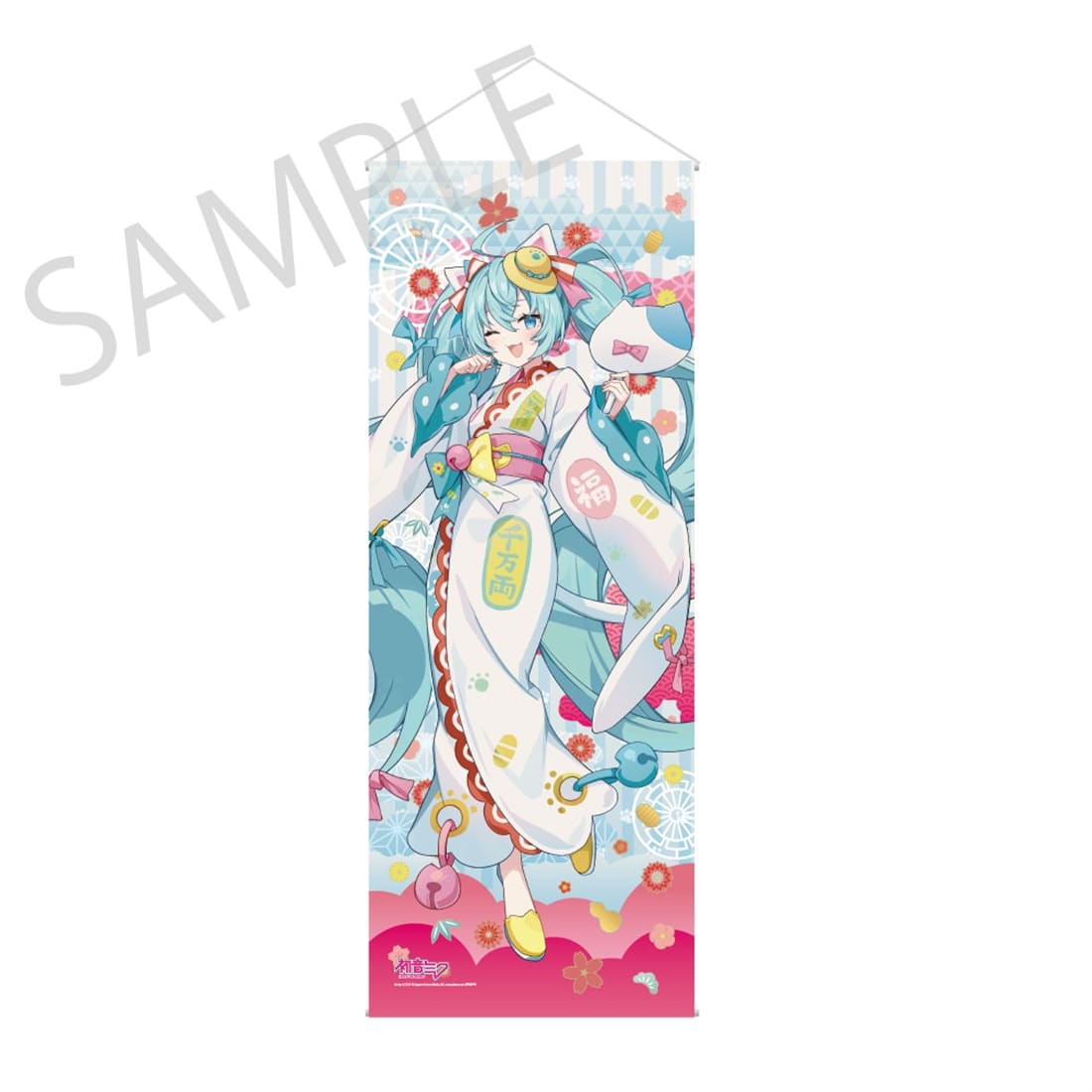 「初音ミク×招き猫×真夏の熊谷」タペストリーほぼ等身大 初音ミク 白猫 Art by イコモチ