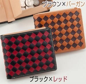 BRITISH GREEN ブライドルレザースリムメッシュ二つ折り財布 ブラック×レッド