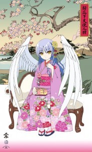Angel Beats! Ukiyo-E Woodblock Print“Angel Beneath Cherry Blossoms, Kanade Tachibana”