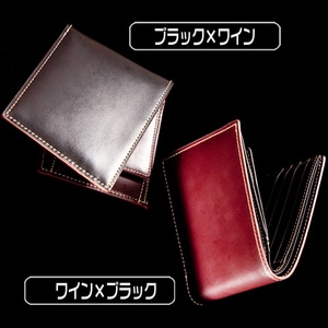 オールブライドルレザー BOX小銭入れつき ふたつ折りウォレットブラック×ワイン